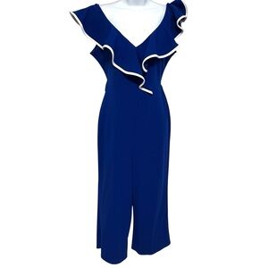 Bebe Blue Ruffle Trim Jumpsuit Size Small Formal Business Pants Suit Tie Front